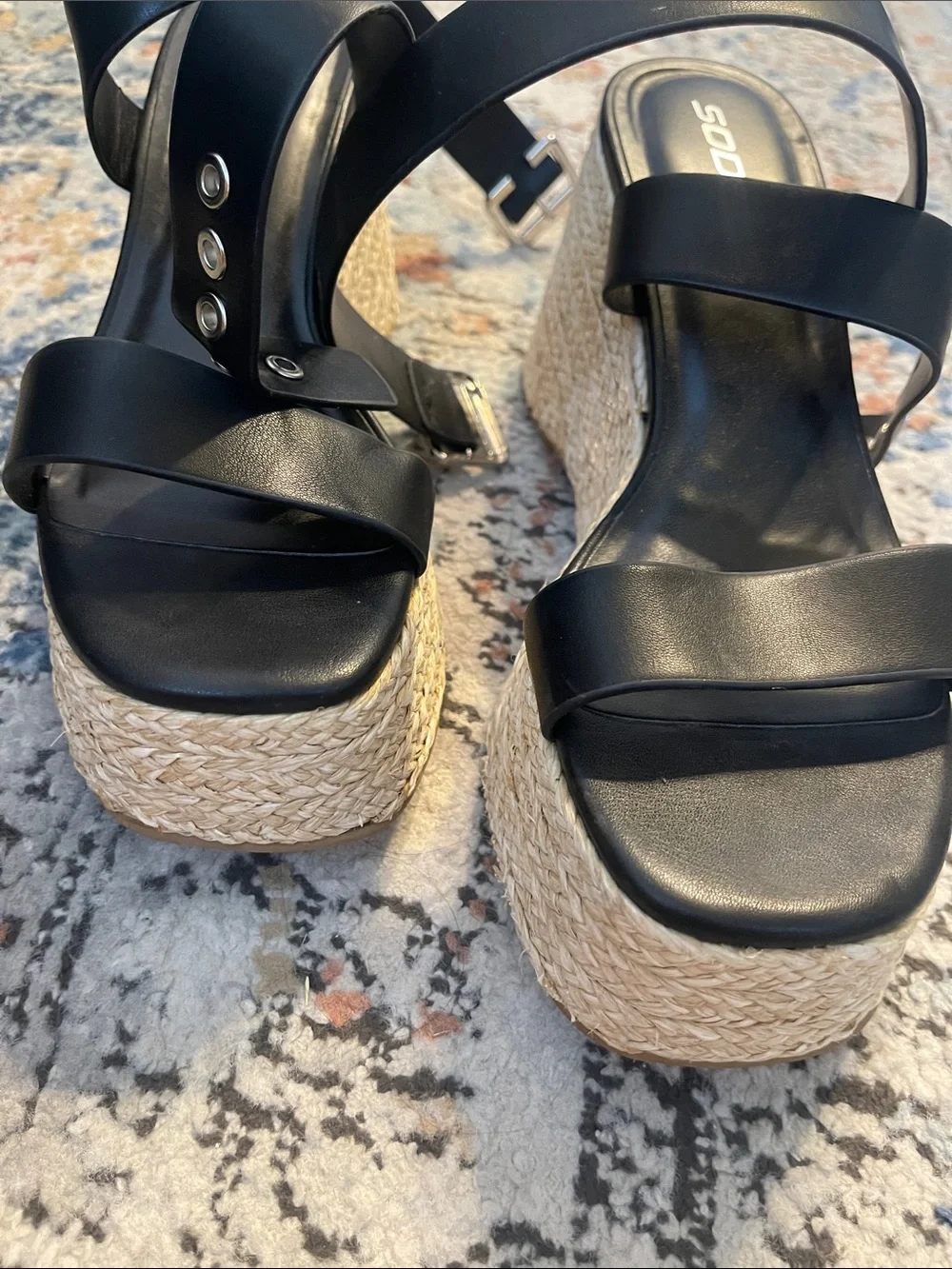 Soda Black Double-Strap Espadrille Wedge Sandals